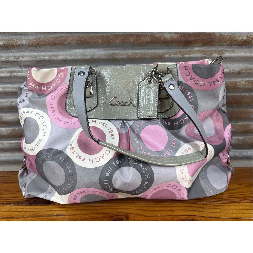 Authentic Coach Op Art Glam Tote Pink Gray Satin Shoulder Bag F15504